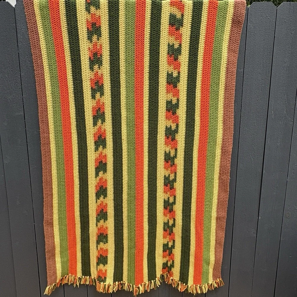 VTG Handmade Crochet Boho Southwestern Afghan Throw 66X88 Cottage Stripe 70s